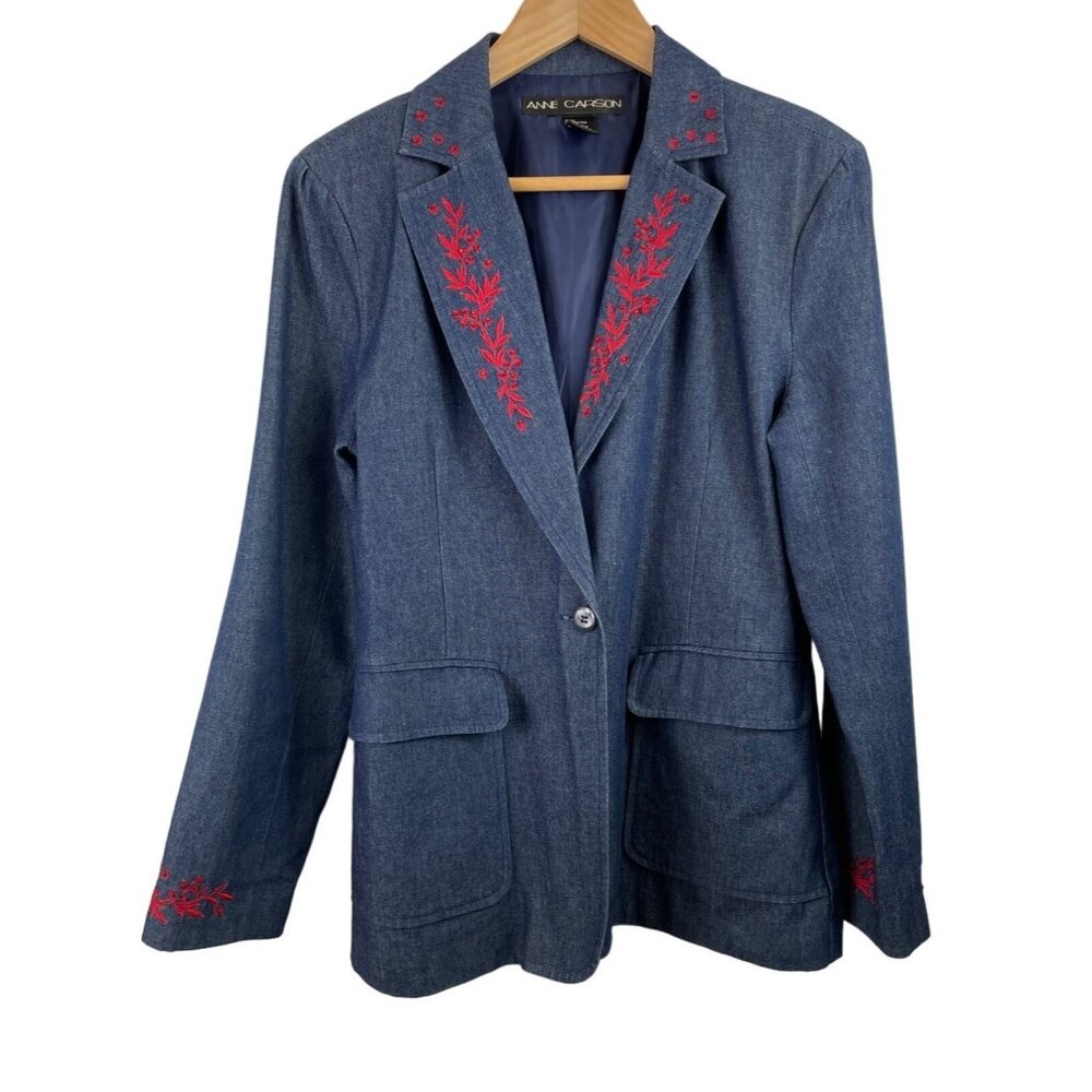 Anne Carson Blue Denim Blazer Womens Size Medium Embroidery Floral Jacket Pocket